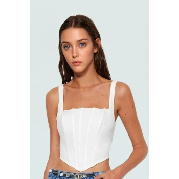 Kolsuz Crop Bluz Kare Yaka Polyester Dokuma Fitted Basic Rahat Kullanım Günlük İçin