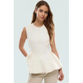 Kolsuz Denim Bluz Bisiklet Yaka Fitted Kalıp Yazlık Şıklık Profesyonel Görünüm Yüksek Kalite