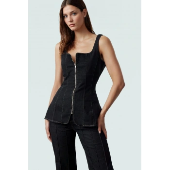 Kolsuz Denim Bluz Fermuarlı Kare Yaka Stretch Zarifane Tasarım Profesyonel Görünüm