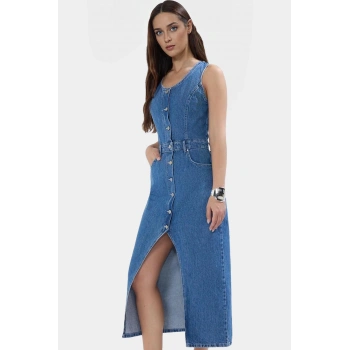 Kolsuz Denim Midi Elbise Basic Kalıp Pamuk Havuz Yaka Günlük Modern Stil Profesyonel Görünüm
