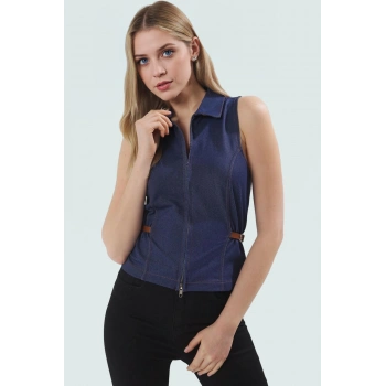 Kolsuz Denim Tarzı Bluz Pamuklu Örme Kumaş Aksesuar Detayları Regular Kalıp Günlük Kullanım İçin