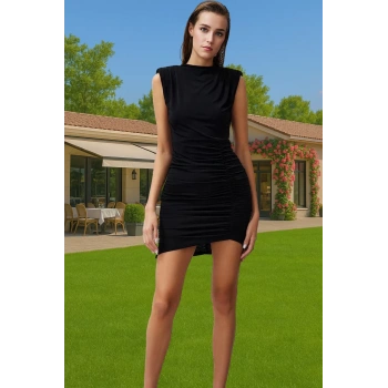 Kolsuz Dik Yaka Büzgü Detaylı Mini Örme Elbise Polyester Yazlık Kaliteli İşçilik Konforlu Kesim