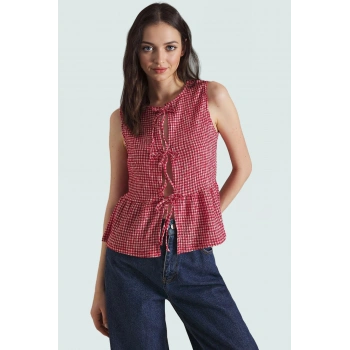 Kolsuz Ekose Bluz Polyester Elastan Jakarlı Örme Yazlık Günlük Rahat Ve Şık