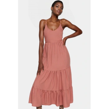 Kolsuz Maxi Elbise Skater Kalıp Lilyum Dokuma Günlük Kullanım Modern Stil Şık Görünüm