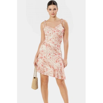 Kolsuz Örme Mini Elbise Çiçek Desen Asimetrik Kalıp Günlük Kullanım Premium Kalite