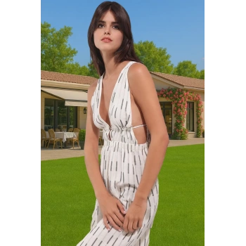 Kolsuz V Yaka Çizgili Maxi Elbise Pamuk Dokuma Yazlık Uzun Ömürlü Özenle Seçilmiş Premium Kalite