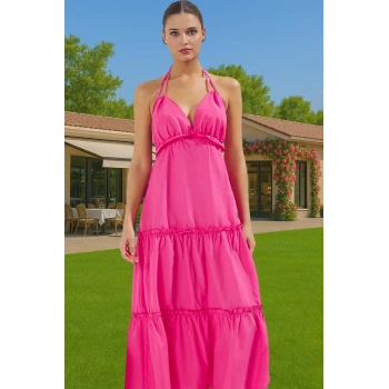 Kolsuz V Yaka Maxi Çizgili Dokuma Elbise Rahat Pamuklu Yazlık Dayanıklı Malzeme Profesyonel Görünüm