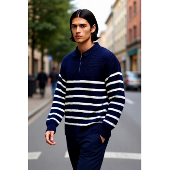 Lacivert Çizgili Erkek Oversize Polo Yaka Triko Kazak Kalın Yapılı Standart Kol Kış Şıklığı Akrilik