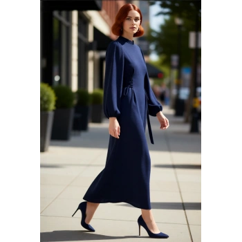 Lacivert Kadın Hakim Yaka Brit Detaylı Maxi Boy Aerobin Dokuma Düz Şık Rahat Elbise Kaliteli