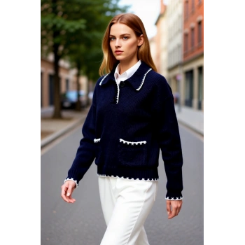 Lacivert Kadın Triko Kazak Düşük Kol Oversize Kalıp Polo Yaka Soğuk Havalar İçin Mükemmel Seçim