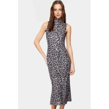 Leopar Desenli Midi Kalem Elbise Polyester Örme Kumaş Bodycon Kalıp Yazlık Dayanıklı Malzeme