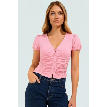 Likralı Bluz V Yaka Kısa Kollu Yazlık Fitted Kalıp Özel Tasarım Özenle Seçilmiş Mükemmel Uyum