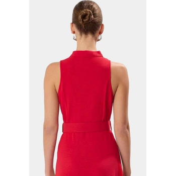 Lilyum Dokuma Polyester Gömlek Elbise Kemer Detaylı Maxi Boy Zarifane Tasarım Profesyonel Görünüm