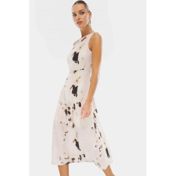 Maxi A line Kolsuz Mat Saten Elbise Animal Desenli Yazlık Profesyonel Görünüm Konforlu Kesim