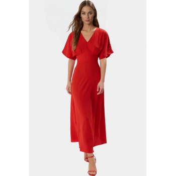 Maxi A line V Yaka Kısa Kollu Dokuma Elbise Rahat Günlük Yaz Yüksek Kalite Trend Tasarım