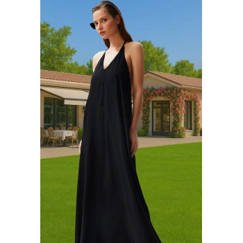 Maxi Boy A line Viskoz Dokuma Yazlık Plaj Elbisesi Sırt Detaylı Mükemmel Uyum Özenle Seçilmiş