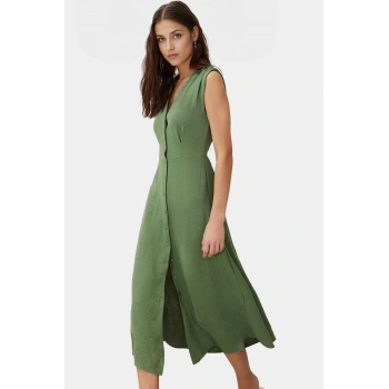 Maxi Boy Gömlek Elbise V Yaka Düğmeli Aerobin Kumaş Premium Kalite Özenle Seçilmiş