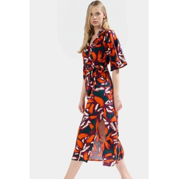 Maxi Çiçek Desenli Viskoz Elbise A Kesim Kruvaze Yaka Günlük Yaz Mükemmel Uyum Profesyonel Görünüm