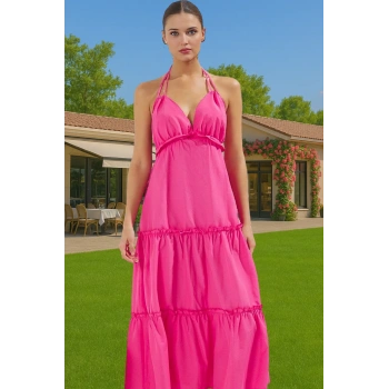 Maxi Çizgili Dokuma Fırfırlı Plaj Elbisesi Pamuklu Yazlık Rahat Tarz Trend Tasarım Özel Tasarım