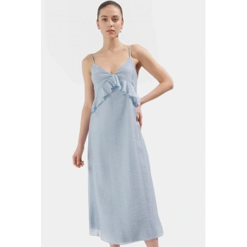 Maxi Crinckle Organze Elbise V Yaka Fırfırlı Astarlı Yazlık Zarifane Tasarım Uzun Ömürlü