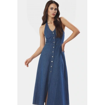 Maxi Denim Elbise Halter Yaka Volanlı Pamuk Günlük Şık Rahat Kullanım Profesyonel Görünüm