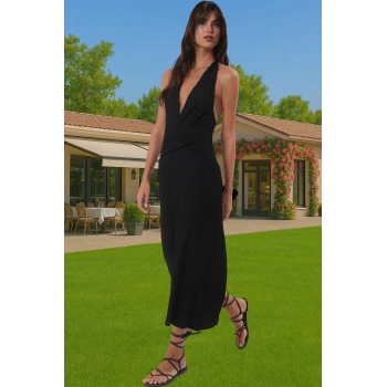 Maxi Dokulu Kemer Detaylı Plaj Elbise V Yaka Bodycon Konforlu Kesim Mükemmel Uyum Trend Tasarım