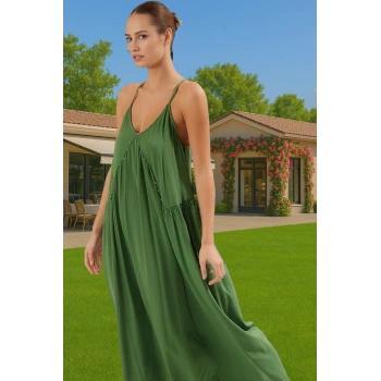 Maxi Dokuma Aksesuarlı Plaj Elbisesi V Yaka Yazlık Crinkle Özel Tasarım Günlük Kullanım İçin