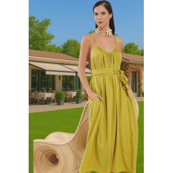 Maxi Dokuma Crinkle Kumaş Bel Bağlamalı Yazlık Plaj Elbisesi Dayanıklı Malzeme Özenle Seçilmiş