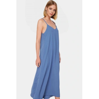 Maxi Dokuma Elbise V Yaka Shift Kalıp Polyester Yazlık Rahat Konforlu Kesim Seçkin Malzeme