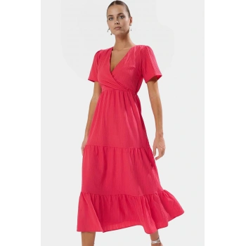 Maxi Dokuma Elbise V Yaka Skater Kalıp Günlük Yazlık Kıyafet Kaliteli İşçilik Modern Stil