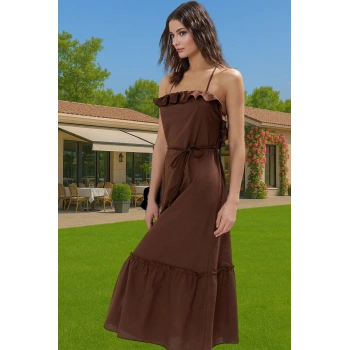 Maxi Dokuma Pamuklu A line Plaj Elbisesi Volanlı Detay Yazlık Mükemmel Uyum Modern Stil