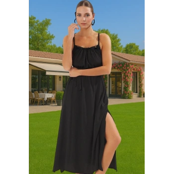 Maxi Dokuma Pamuklu Plaj Elbisesi Bisiklet Yaka Bağlamalı Yazlık Yüksek Kalite Modern Stil