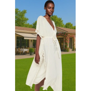 Maxi Dokuma Püsküllü Plaj Elbisesi V Yaka Yazlık Rahat Şık Görünüm Şık Görünüm Şık Görünüm