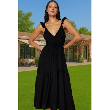 Maxi Dokuma V Yaka Fırfırlı Plaj Elbisesi Yazlık Rahat Zarifane Tasarım Yüksek Kalite Modern Stil