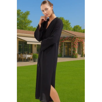 Maxi Dokuma Volanl? %100 Pamuklu Plaj Elbisesi V Yaka Özel Tasarım Rahat Kullanım Seçkin Malzeme