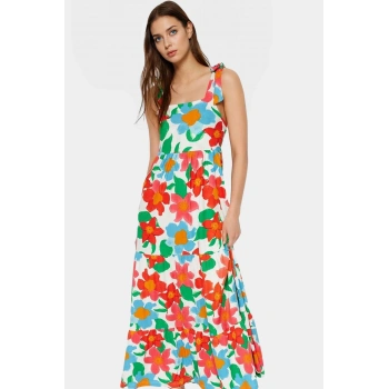 Maxi Elbise Büyük Çiçek Desenli Örme Yazlık Günlük A Line Kalıp Özel Tasarım