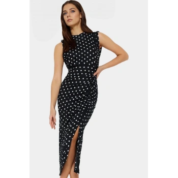 Maxi Elbise Puantiyeli Desenli Esnek Örme Bodycon Kalıp Günlük Stil Konforlu Kesim