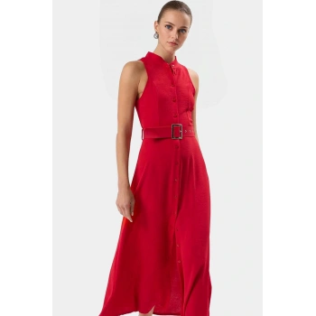 Maxi Kemerli Gömlek Elbise Dokuma Polyester Yazlık Şık Tasarım Seçkin Malzeme Trend