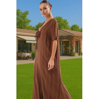 Maxi Keten Görünümlü Bağlamalı Plaj Elbisesi Yazlık Rahat Tesettür Modern Stil Rahat Ve Şık