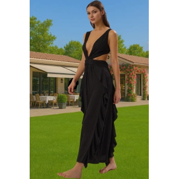 Maxi Örme Cut Out V Yaka Plaj Elbisesi Dokulu Polyester Yazlık Zarifane Tasarım Yüksek Kalite