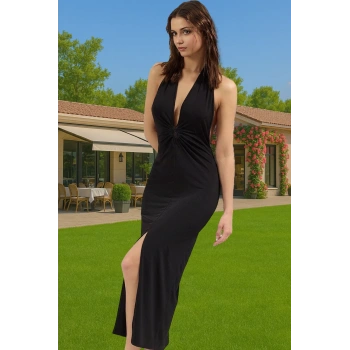 Maxi Örme Plaj Elbisesi V Yaka Bodycon Aksesuarlı Yazlık Şık Görünüm Özenle Seçilmiş Rahat Ve Şık