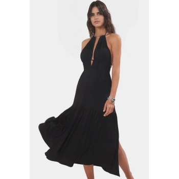 Maxi Örme Plaj Elbisesi Viskoz Elastan Cut Outlu Bisiklet Yaka Yazlık Profesyonel Görünüm