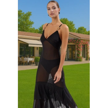 Maxi Örme Volanlı Şeffaf Plaj Elbisesi Polyester Yazlık Mükemmel Uyum Konforlu Kesim Rahat Kullanım