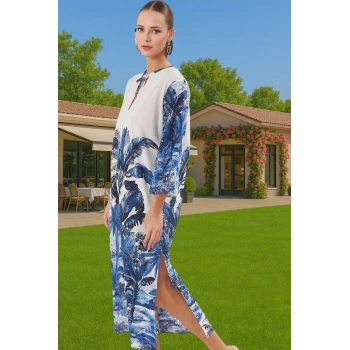 Maxi Pamuk Vual Plaj Elbisesi Tropikal Desenli Tek Kol Rahat Kullanım Rahat Kullanım Özel Tasarım