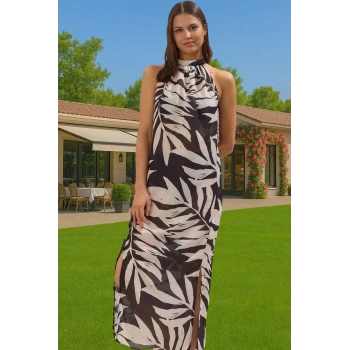 Maxi Şifalı Desenli Vual Plaj Elbisesi Halter Yaka Yazlık Profesyonel Görünüm Konforlu Kesim