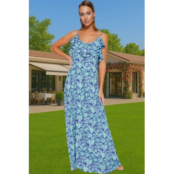 Maxi Viskoz Dokuma Plaj Elbisesi Volanlı V Yaka Shift Yüksek Kalite Seçkin Malzeme Mükemmel Uyum