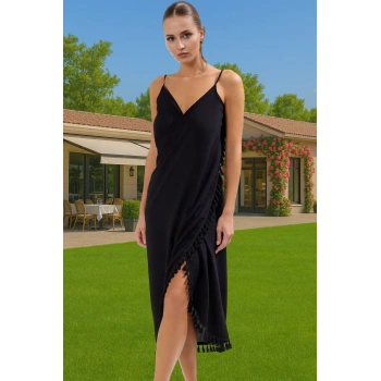 Maxi Viskoz Dokuma Püsküllü Plaj Elbisesi Yazlık Şık Tasarım Özenle Seçilmiş Kaliteli İşçilik