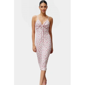 Midi A Line Çiçekli Örme Elbise İnce Askılı V Yaka Günlük Tarz Kullanım İçin Trend Tasarım