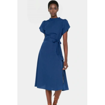 Midi A Line Pamuklu Elbise Bel Kuşağı ile Yazlık Şık Konforlu Kesim Zarifane Tasarım