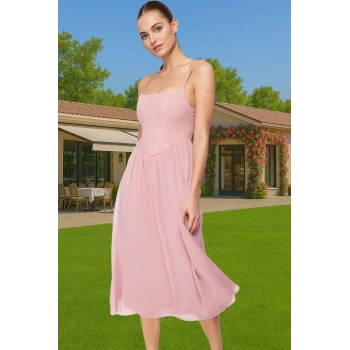 Midi Boy Astarlı Şifon Abiye Elbise Yüksek Kalite Zarifane Tasarım Konforlu Kesim Zarifane Tasarım